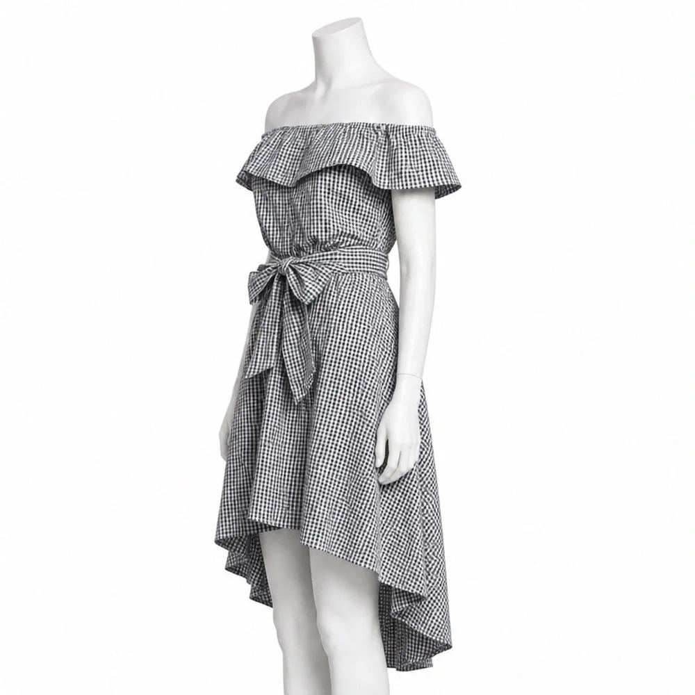 Saks Fifth Avenue Gingham Off-Shoulder Hi-Low Dress Tie Waist Black White M